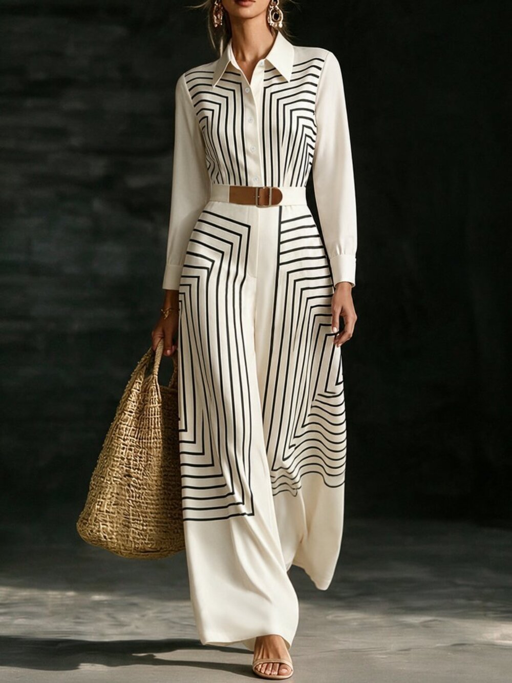 Multicolor Elegant Women's Casual Geometric Print Long Sleeve Jumpsuit